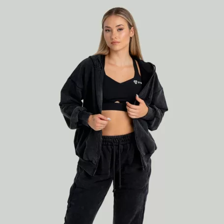 Zip Washed női kapucnis pulóver Black - L - fekete - STRIX - GymBeam