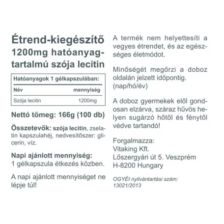Vitaking Lecitin 1200mg 100 gélkapszula