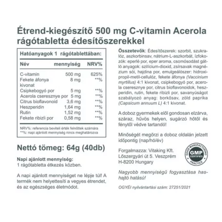 Vitaking C-500mg Acerola EPRES 40 rágótabletta