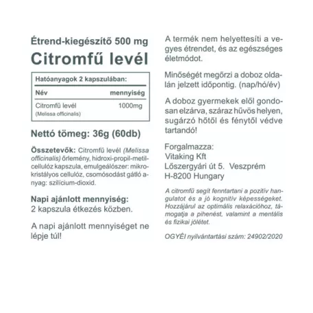 Vitaking Citromfű levél 500mg 60 kapszula