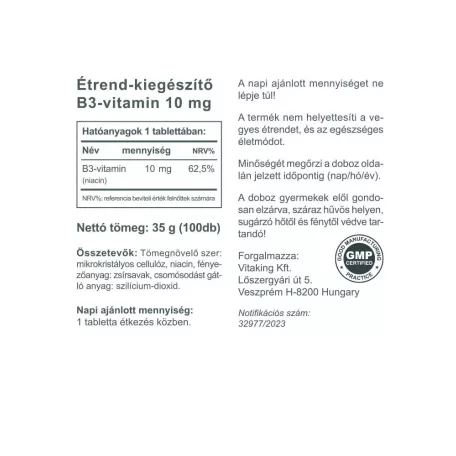 Vitaking B3 Niacin 10mg 100 tabletta